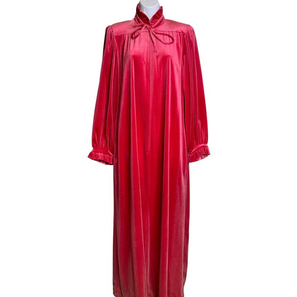 Vintage 70s Miss Elaine Women Pink Velvet Zip Front Maxi Robe Sz M Old Hollywood